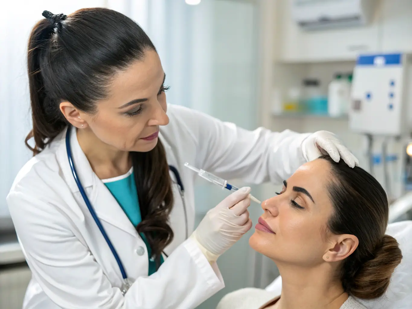 A close-up image of a client receiving Botox injections in a relaxed clinic setting, highlighting the precision and care taken during the procedure.