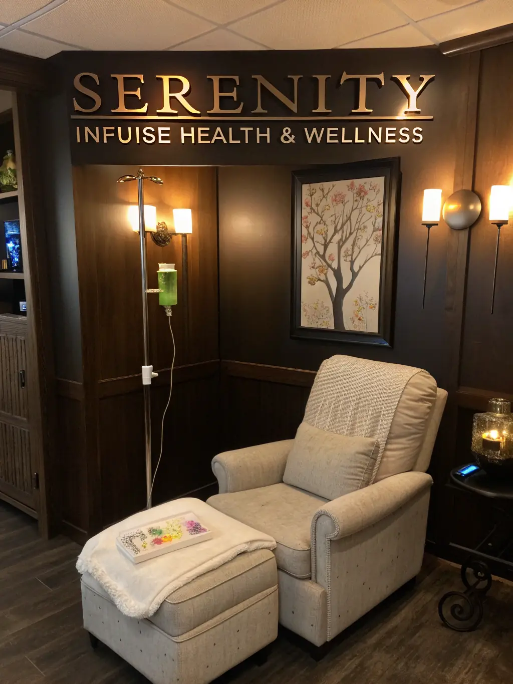 A client relaxing during an IV therapy session, with a focus on the comfortable and serene environment at Natural Balance Aesthetics.