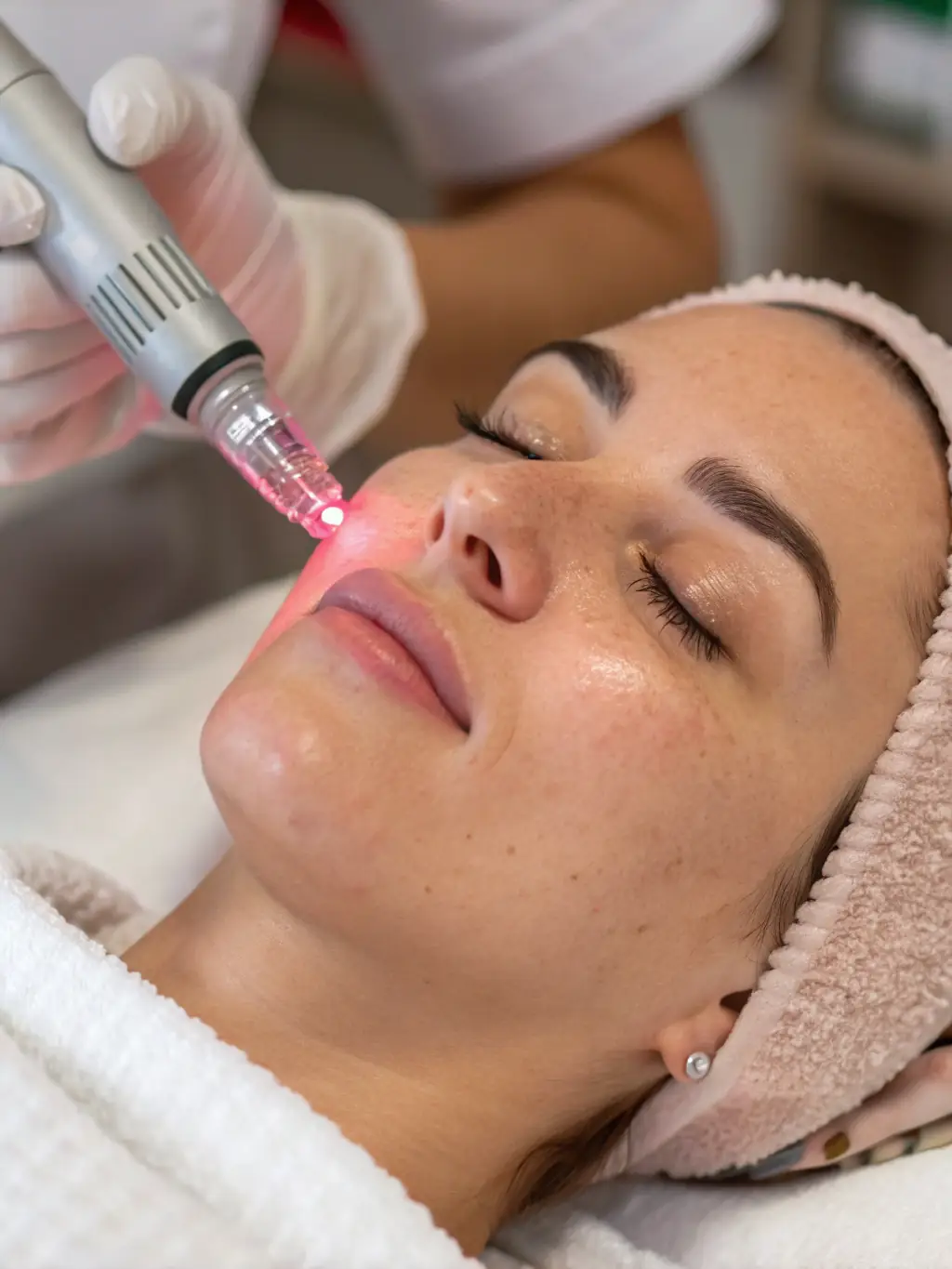 A practitioner performing a microneedling treatment on a client's face, with a focus on the advanced technology and sterile environment at Natural Balance Aesthetics.